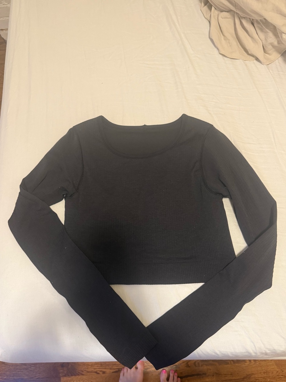 lululemon athletica Black Ribbed Long-Sleeve Crop Top with built in bra